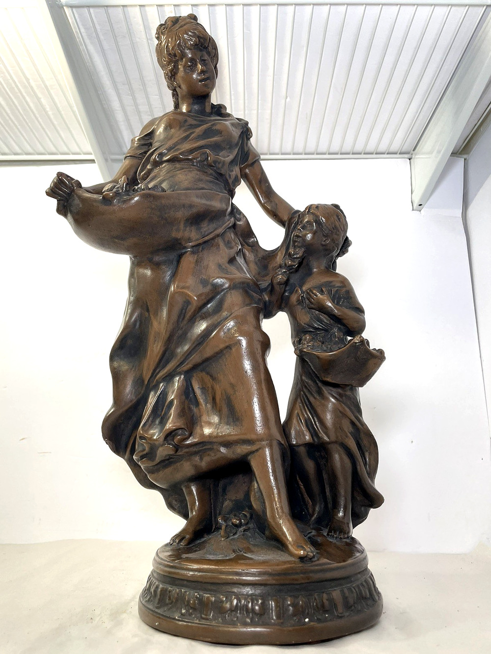 Large Vintage Bronze Finish Plaster Statue Woman & Child 19” Tall